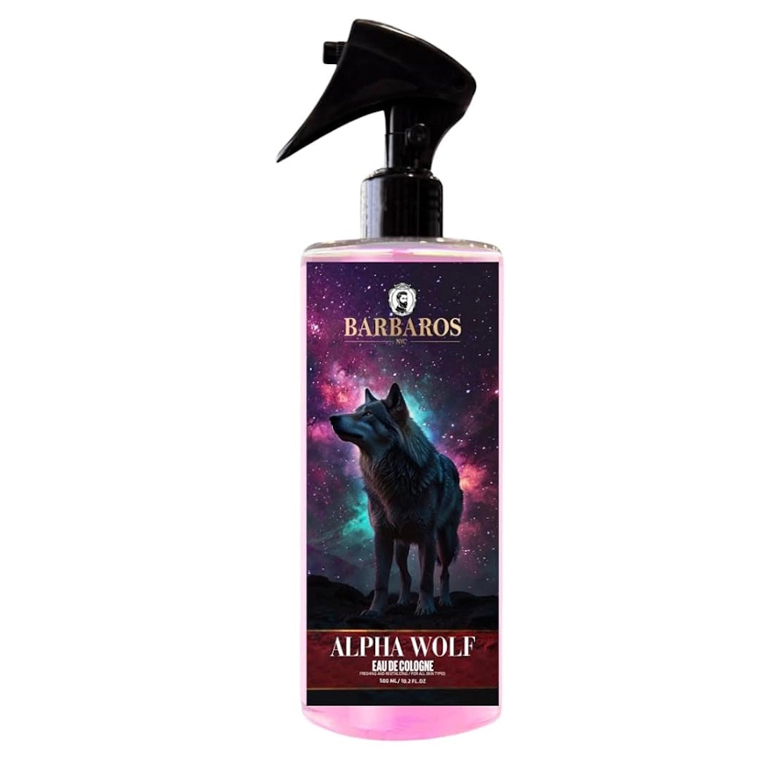 Barbaros Alpha Wolf aftershave/cologne bottle with a wolf illustration on a white background