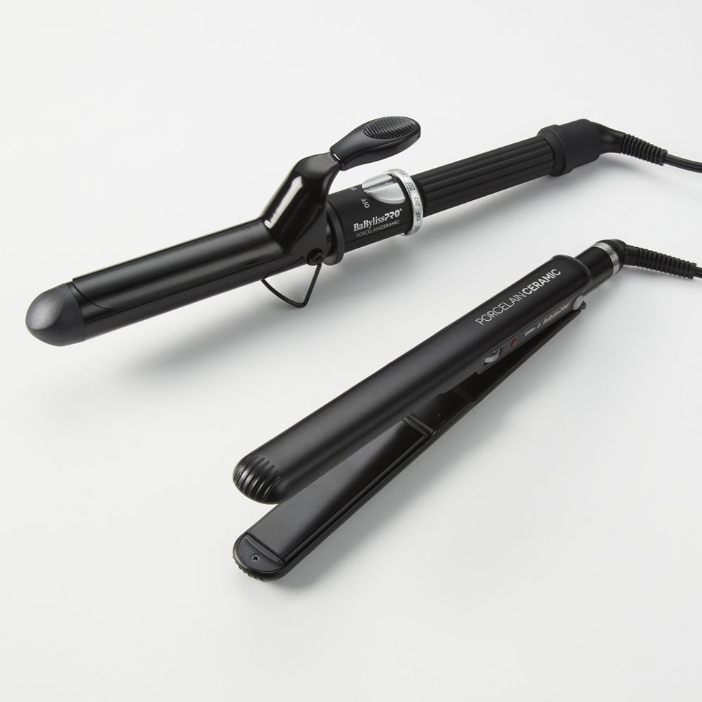 BabylissPro Porcelain Ceramic Flat Iron &amp; Curling Iron Combo 