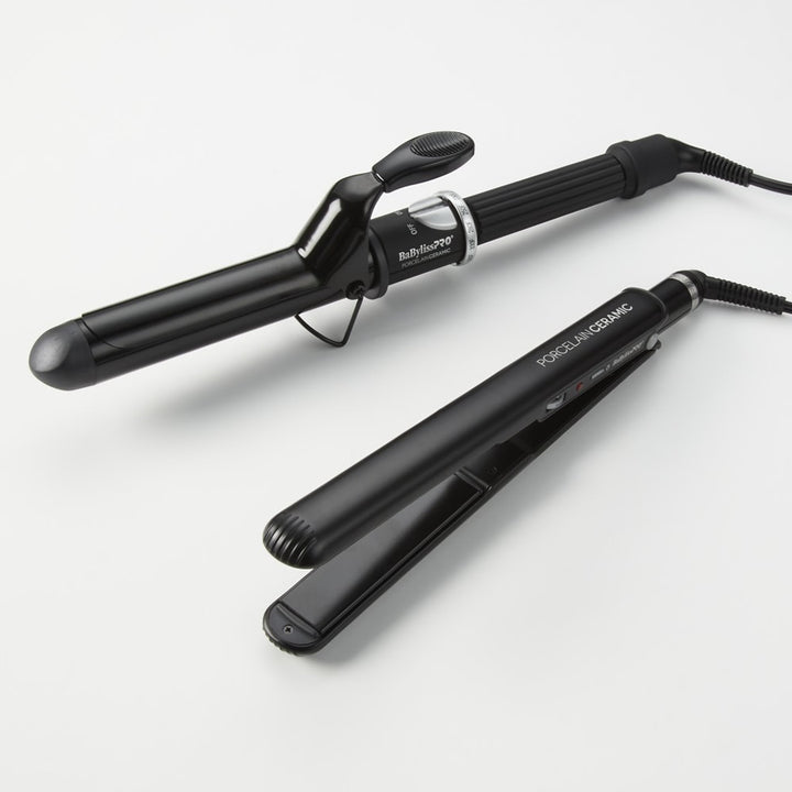 BabylissPro Porcelain Ceramic Flat Iron &amp; Curling Iron Combo 