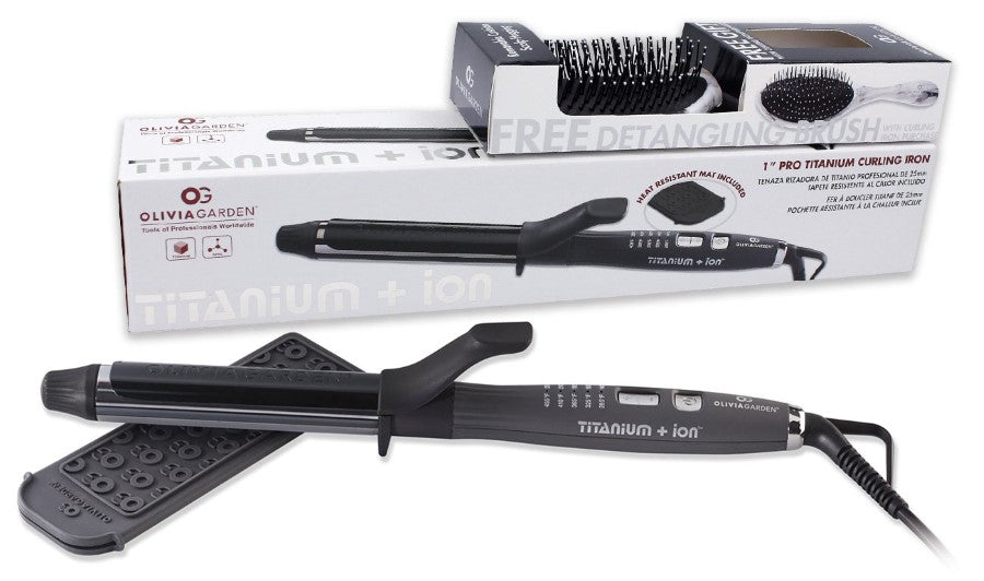 Olivia Garden Pro 1" Titanium Curling Iron w/ Free Detangling Brush 