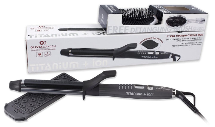 Olivia Garden Pro 1" Titanium Curling Iron w/ Free Detangling Brush 